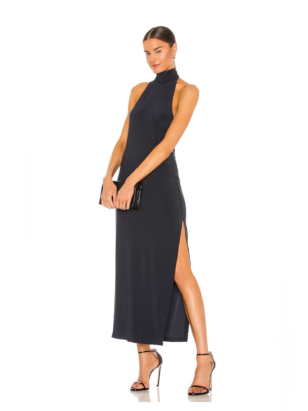 Revolve HALTER TURTLE SIDE SLIT GOWN IN PEWTER by Norma Kamali size XS